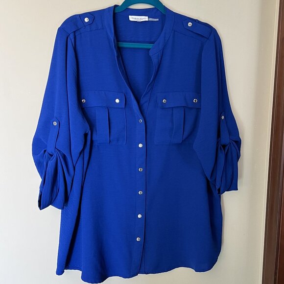 CALVIN KLEIN Royal Blue Long Sleeve  Button Down Office Work Top Blouse - Picture 1 of 6